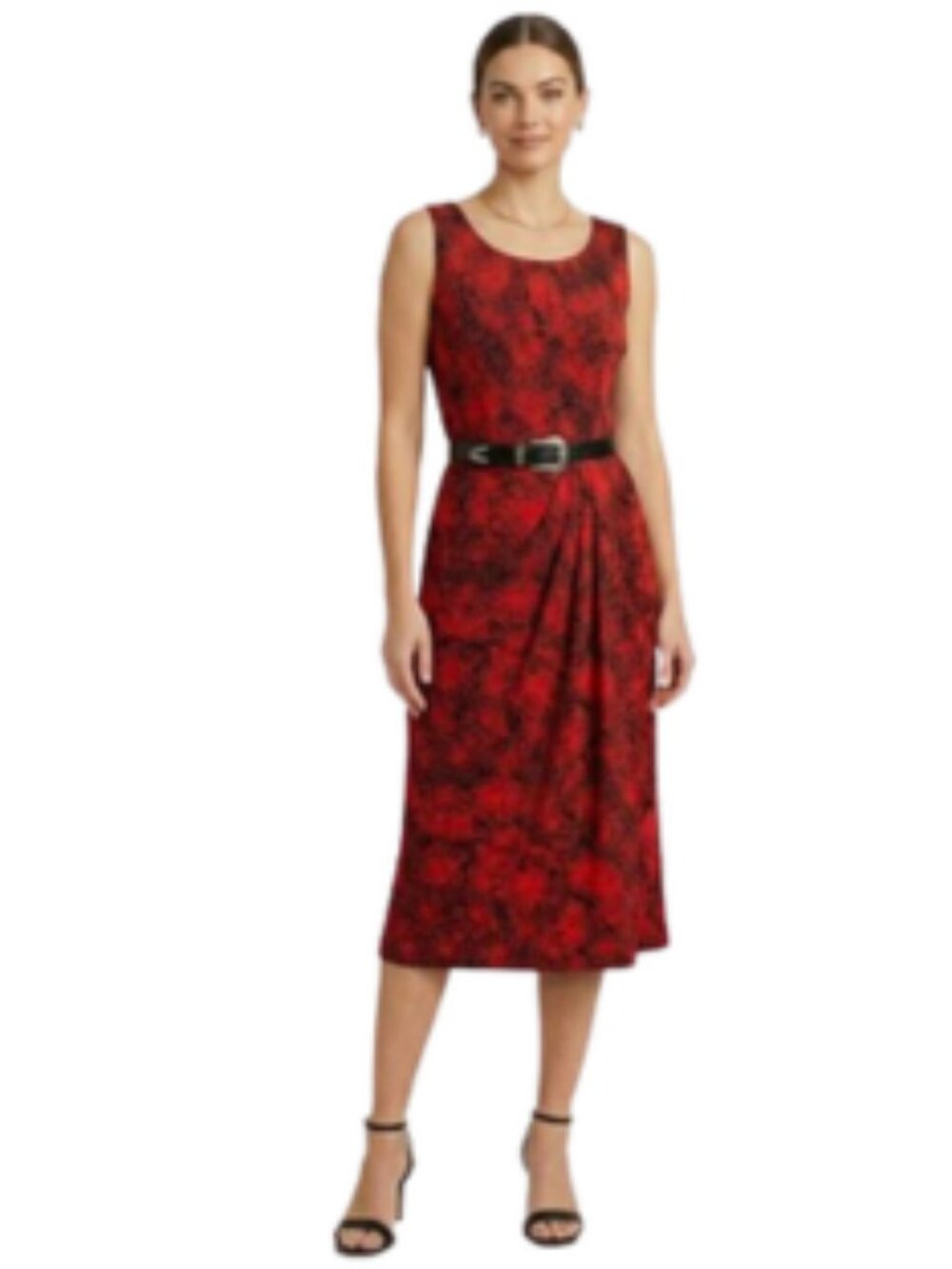 Anne Klein Red Black Abstract Midi Sheath Dress Sleeveless Ruched Career, Large